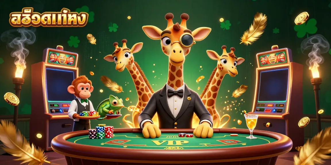 Experience a vibrant 3D scene featuring high-roller giraffe and friends at a casino with สล็อตแท้ตรง elements.