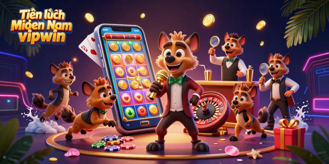 Experience excitement with Tiến lên miền Nam vipwin in this vibrant casino illustration featuring hyenas in action.