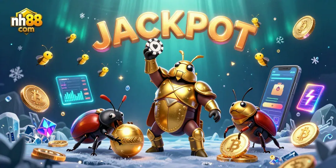 Experience exciting gameplay at nh88 com with a heroic beetle lifting a poker chip in victory.