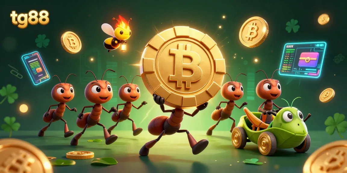 Experience thrilling action with tg88's ant heist carrying a giant poker chip amidst vibrant casino elements.