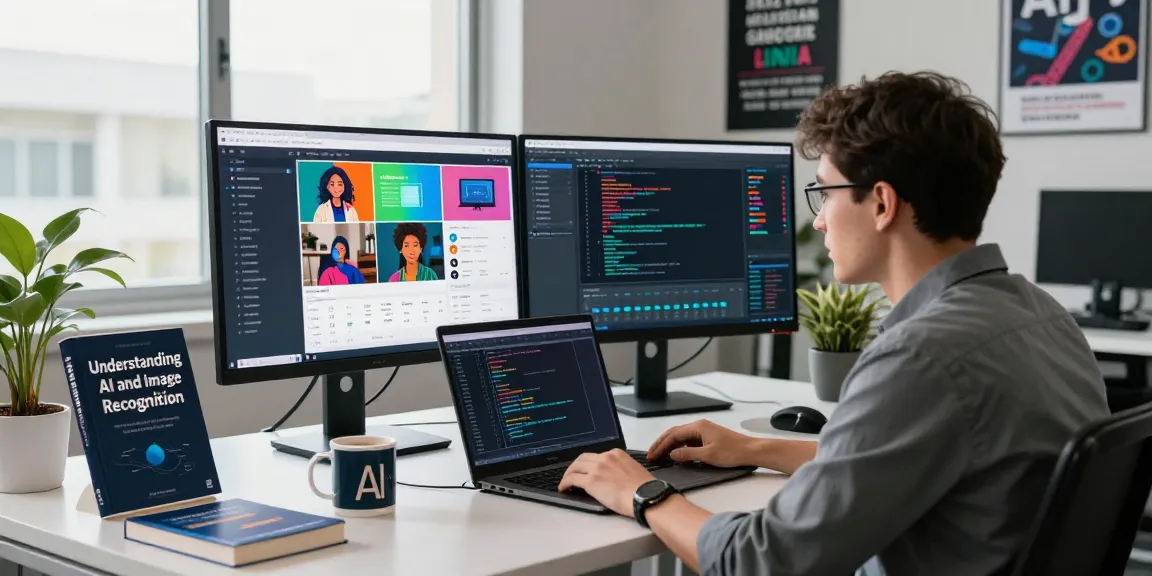AI image checker interface displaying vibrant data analysis results in a modern office.