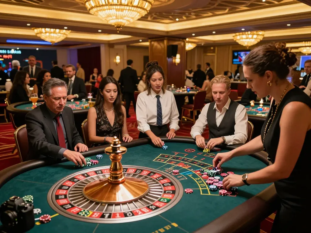 Players eagerly placing bets at a 9bet roulette table in a luxurious casino.