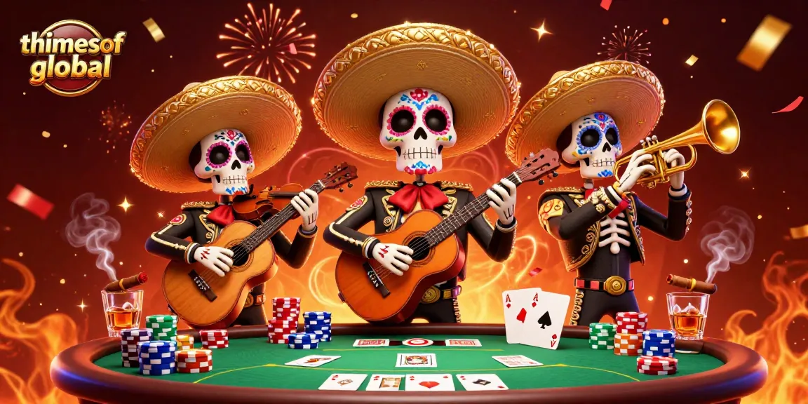 Thetimesofglobal illustrates a vibrant Day of the Dead mariachi band amidst poker action.