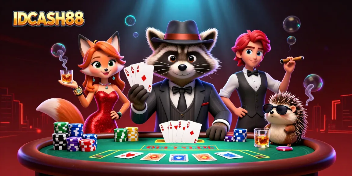Engage in the excitement at IDCASH88 with a suave raccoon and his glamorous companion enjoying a thrilling poker game.