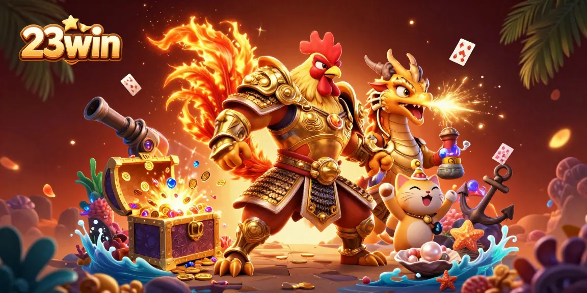 Experience thrilling gameplay with 23win's dynamic casino scene featuring a warrior rooster and treasure!