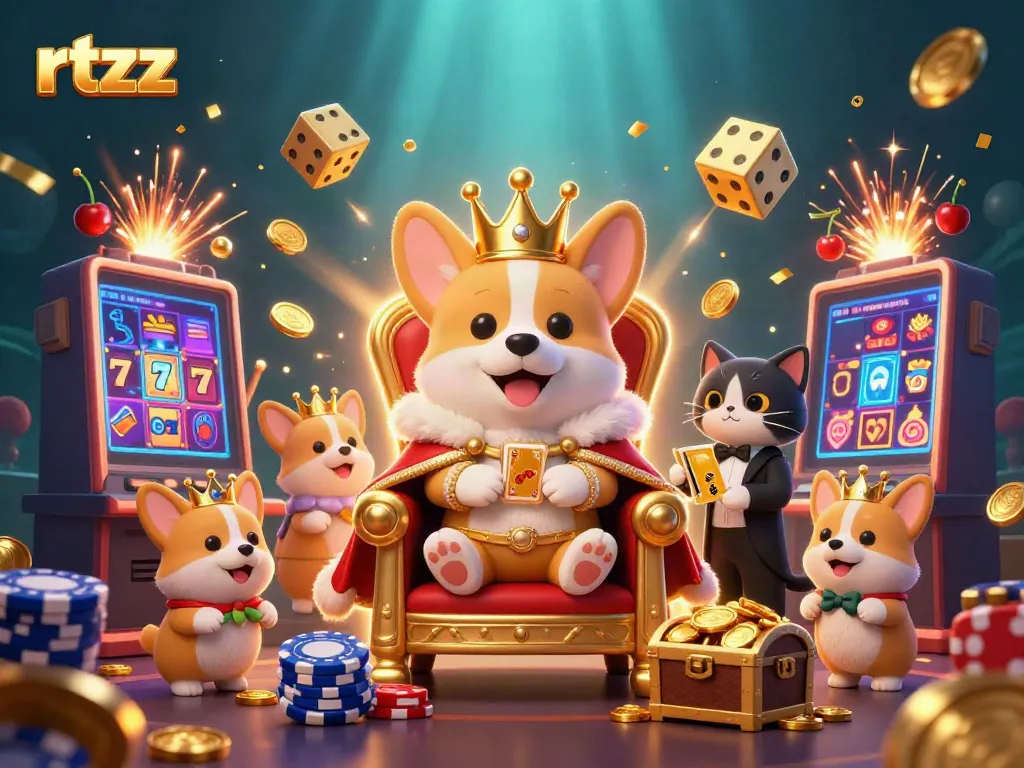 Win big with rtzz in this vibrant 3D casino scene, featuring energetic characters and dynamic game elements.