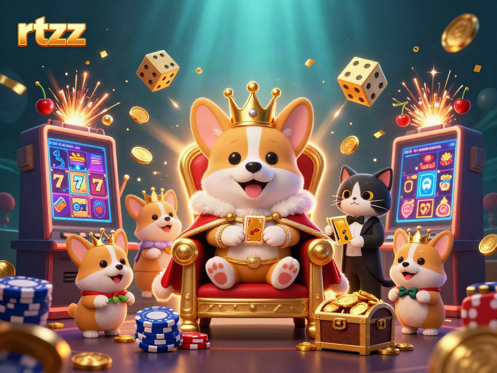 Win big with rtzz in this vibrant 3D casino scene, featuring energetic characters and dynamic game elements.