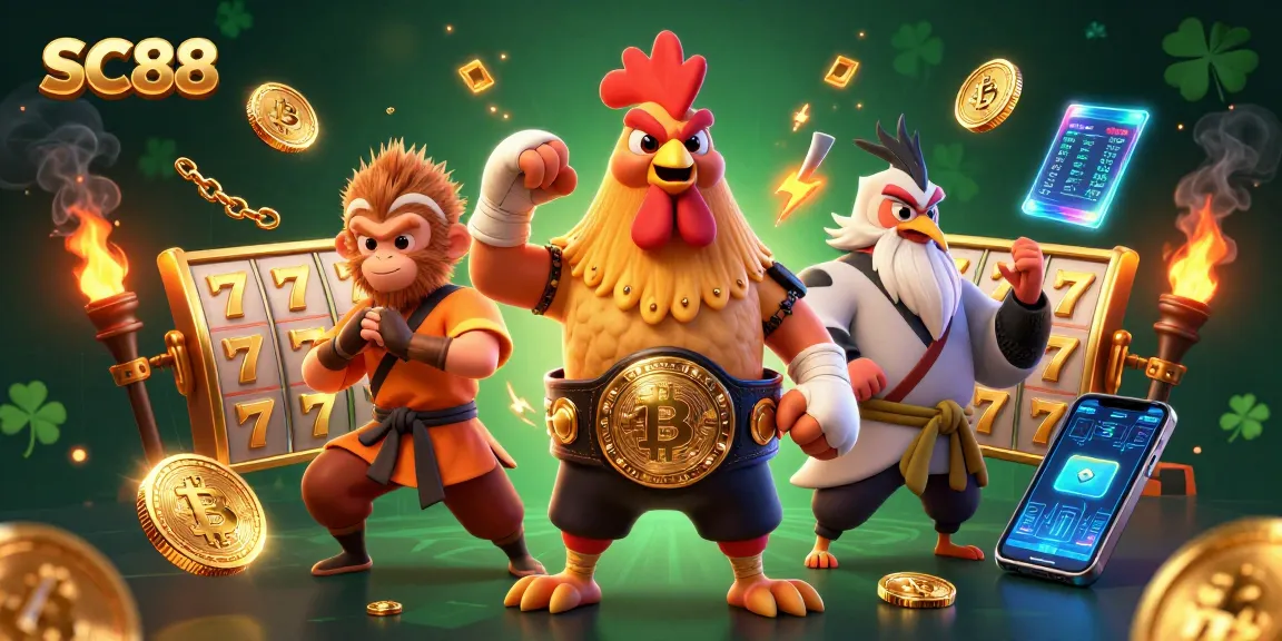 SC88 jackpot excitement featuring a Muay Thai rooster, a Shaolin monkey, and dynamic casino elements.