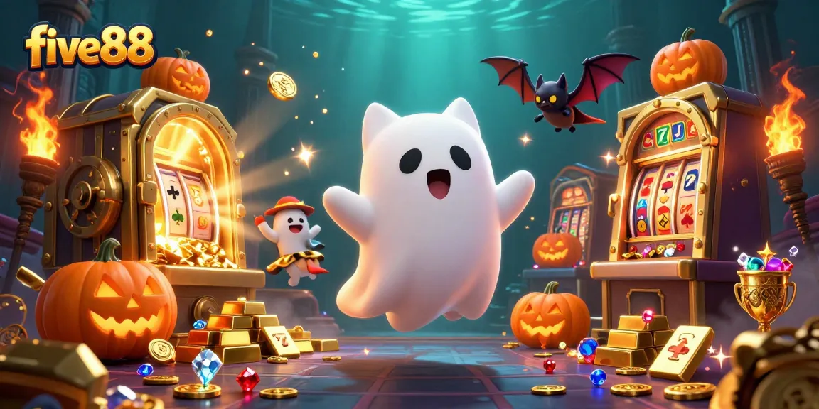 Experience the thrill of five88 with a ghost cat and vampire bat in a haunted casino scene.
