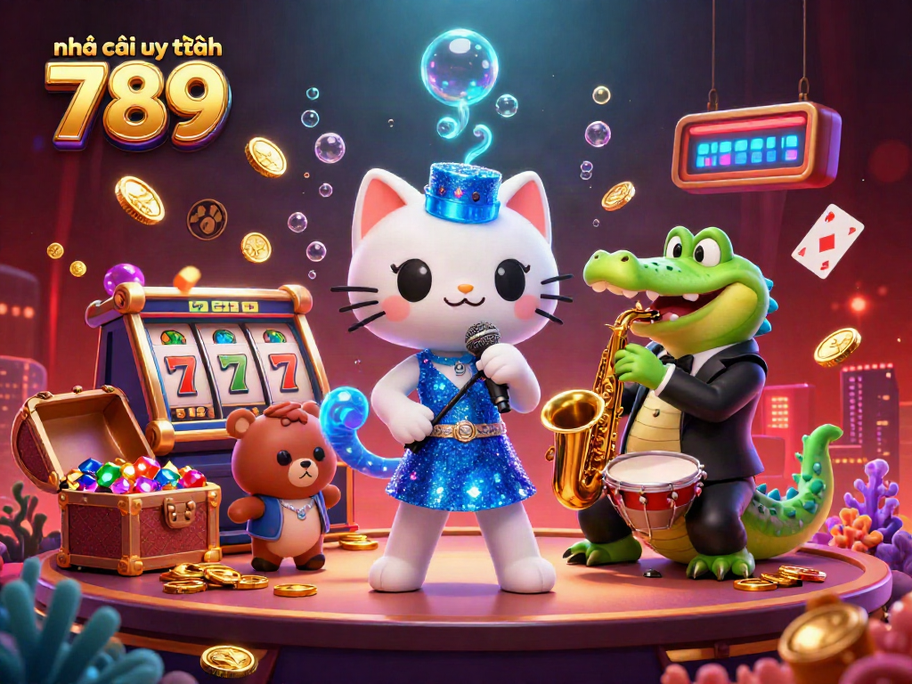 Experience the vibrant entertainment at nhà cái uy tín 789 with jazz-singer cat, crocodile, and bear playing casino games.