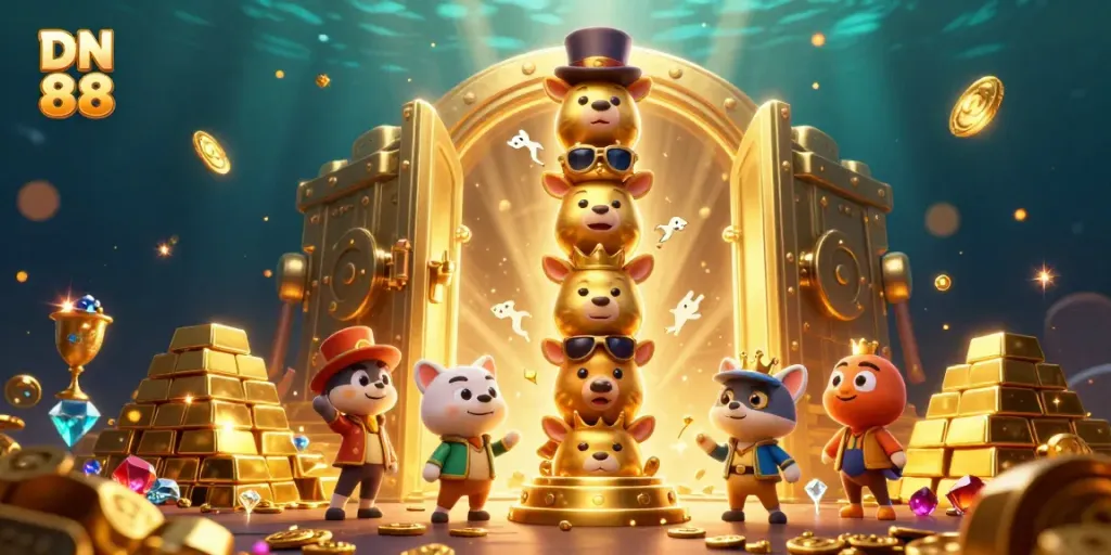 Experience the vibrant world of DN 88 with an enchanting totem pole and treasures, embodying the thrill of online gaming.