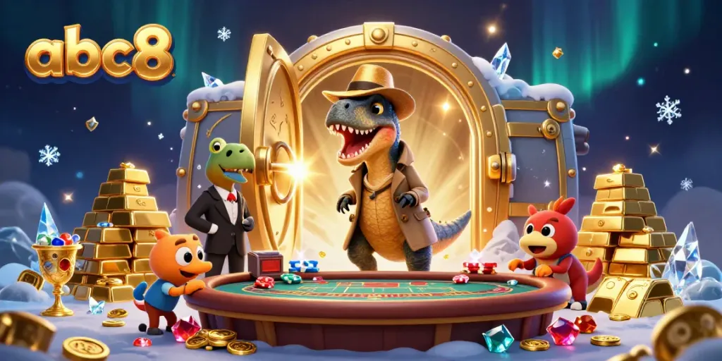 Experience thrilling gambling at abc8 with a velociraptor card counter, vibrant treasures, and a stegosaurus pit boss in a rich casino environment.