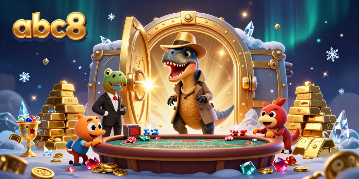 Experience thrilling gambling at abc8 with a velociraptor card counter, vibrant treasures, and a stegosaurus pit boss in a rich casino environment.