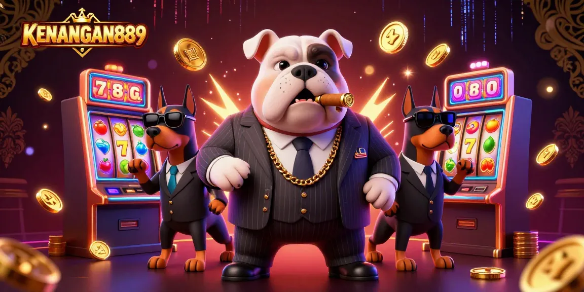 Join the excitement at KENANGAN889 with a mafia-themed casino illustration showcasing slot machines and vibrant elements.