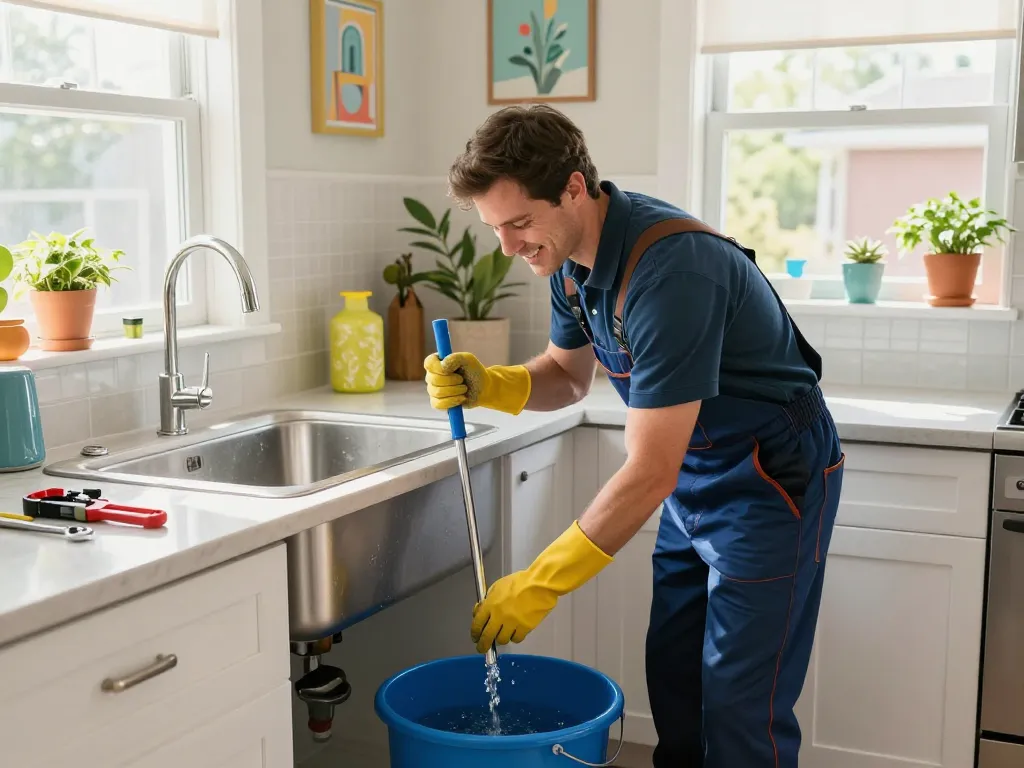 Drain cleaning Valparaiso IN with a plumber inspecting a sink in a sunny kitchen.