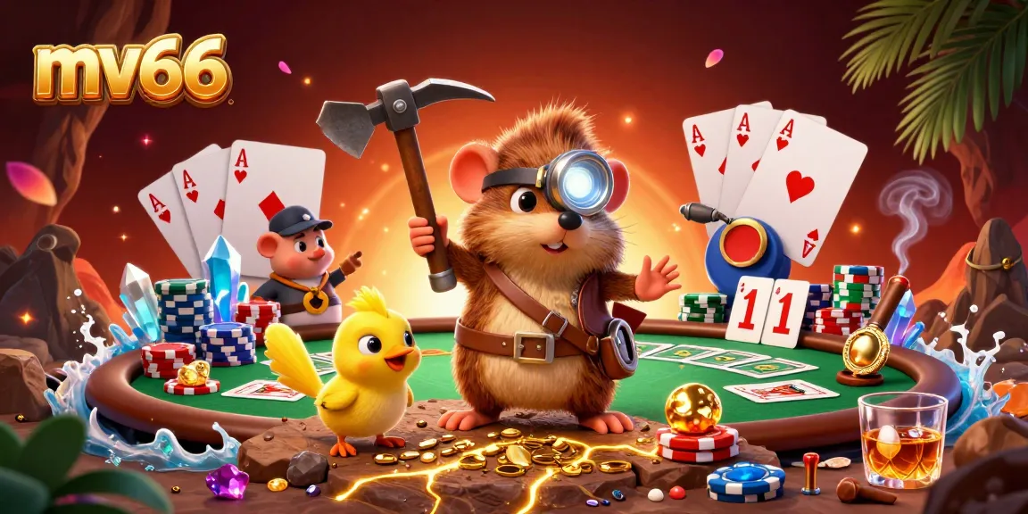 Experience mv66's thrilling gambling scene featuring a treasure hunter mole among poker elements.