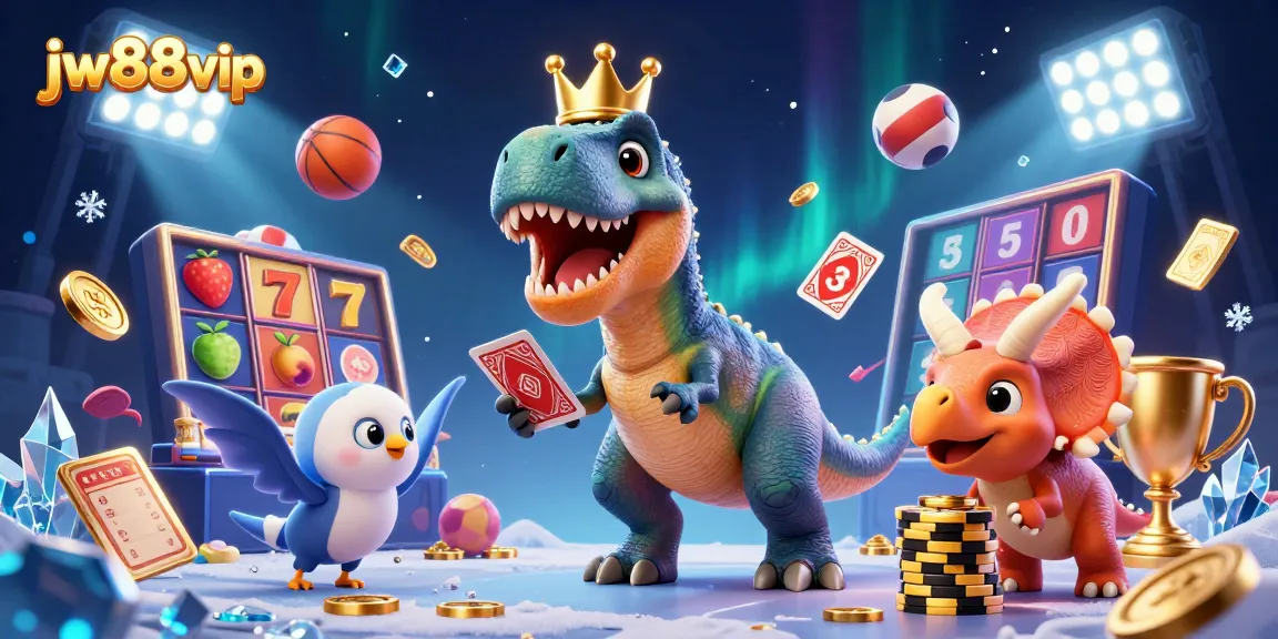 Experience the excitement at jw88vip with a friendly dinosaur-themed casino illustration.
