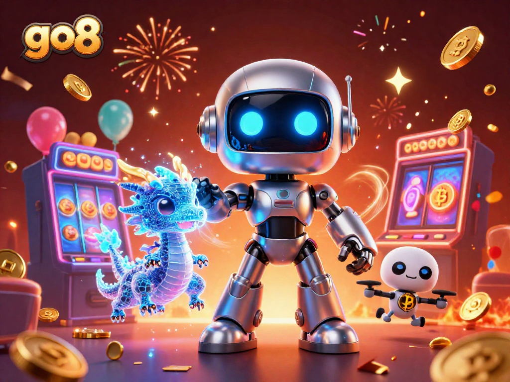 Experience the excitement of go8's vibrant casino scene with a futuristic robot, AI dragon, and bitcoin drone.