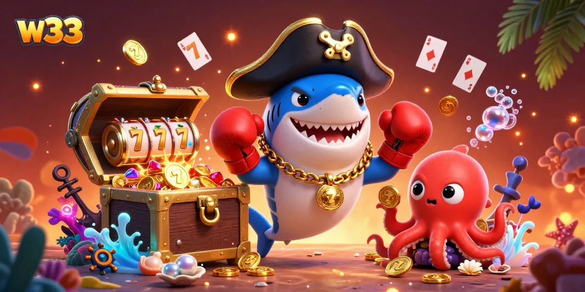 Engage with the vibrant world of w33 gaming featuring a pirate shark and friends amidst treasure.