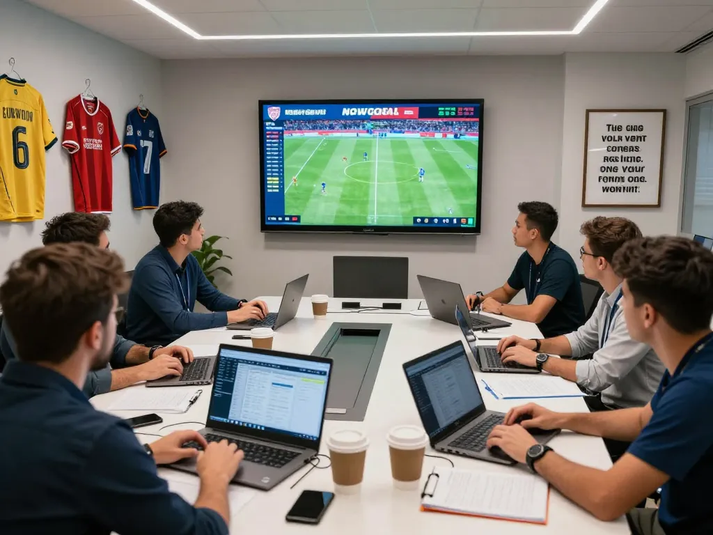 Real-time soccer analytics featuring NOWGOAL data updates in a sports analysis room.