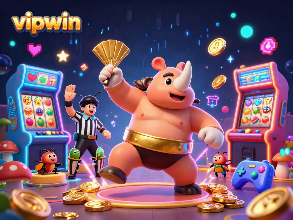 Experience the excitement of vipwin as the beetle sumo champion stomps and sends coins flying in a vibrant casino.