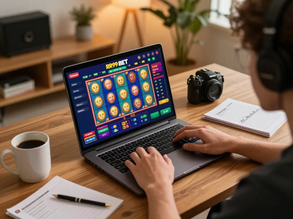 Engaging with RR99 BET on a laptop in a cozy home setting, illustrating responsible gaming.