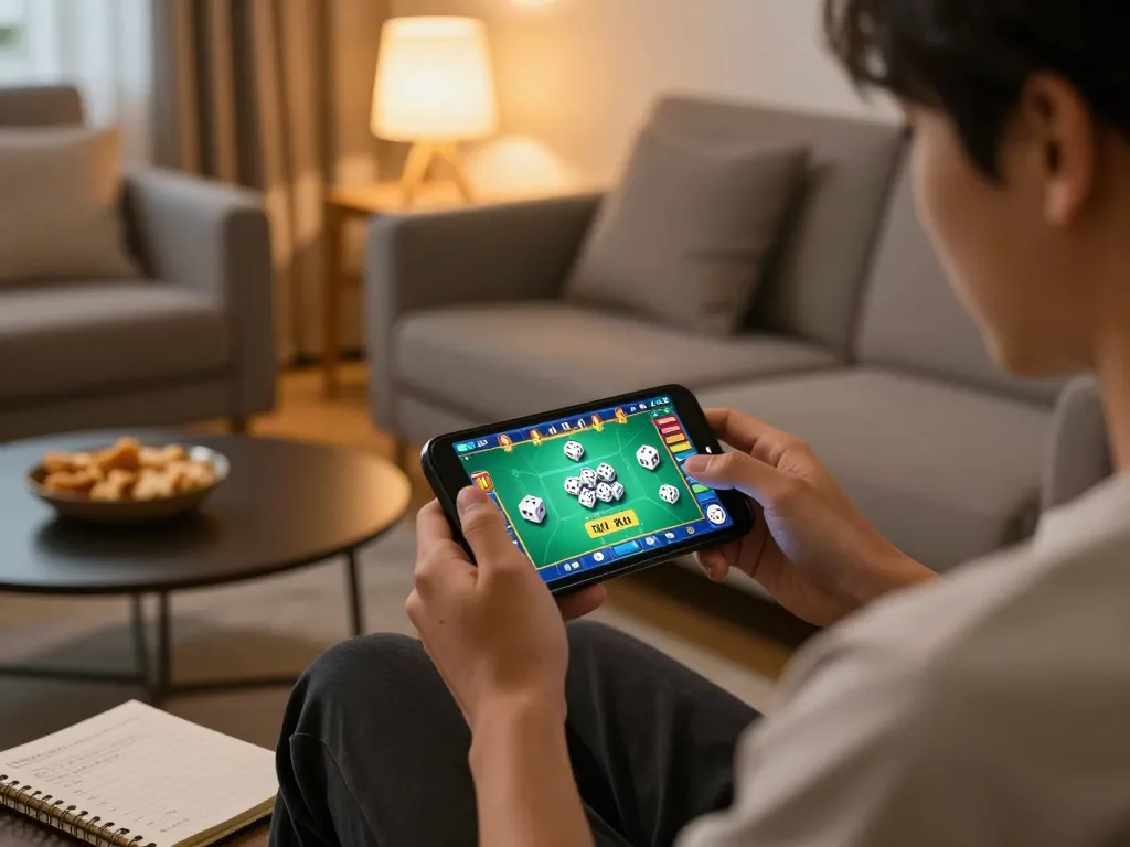 Tài xỉu online uy tín gameplay on smartphone, showcasing engaging features in a cozy living room scene