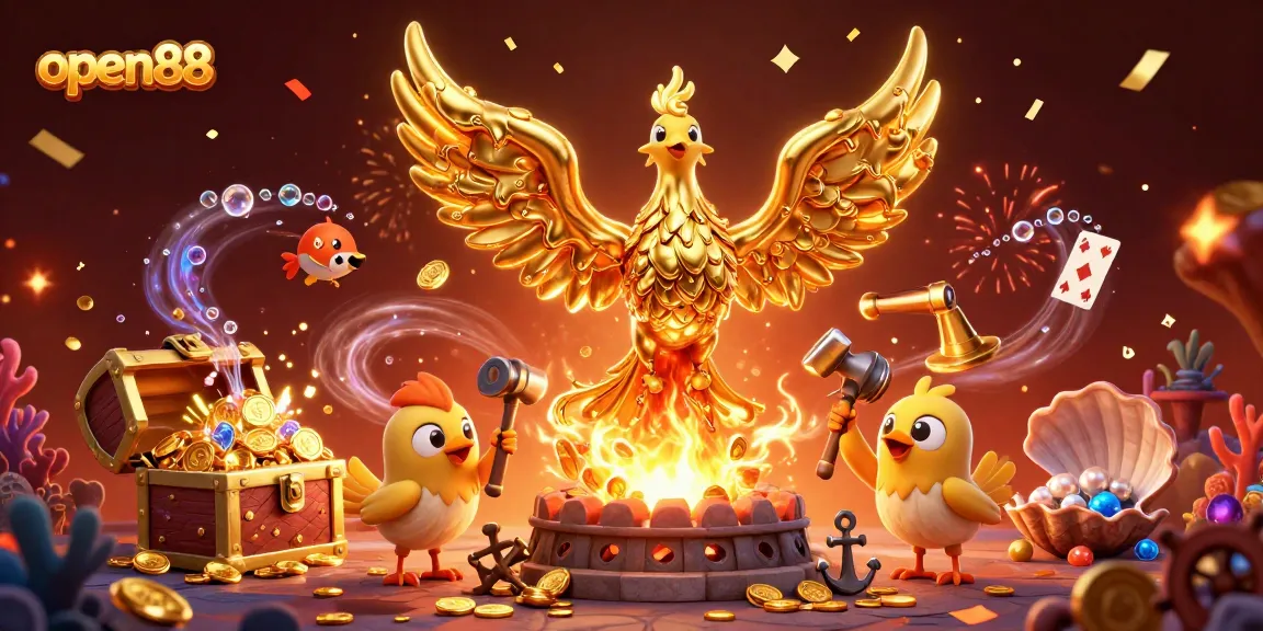 Spin the reels with open88, revealing a golden phoenix and treasures in a vibrant casino scene.