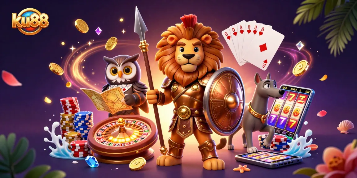 Experience thrilling wins with ku88 as a heroic lion strategizes amidst casino riches and vibrant gameplay.