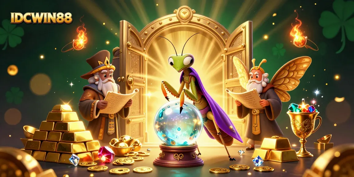 Engage in thrilling gameplay at IDCWIN88 with iconic gambling symbols amidst a vibrant fantasy backdrop.
