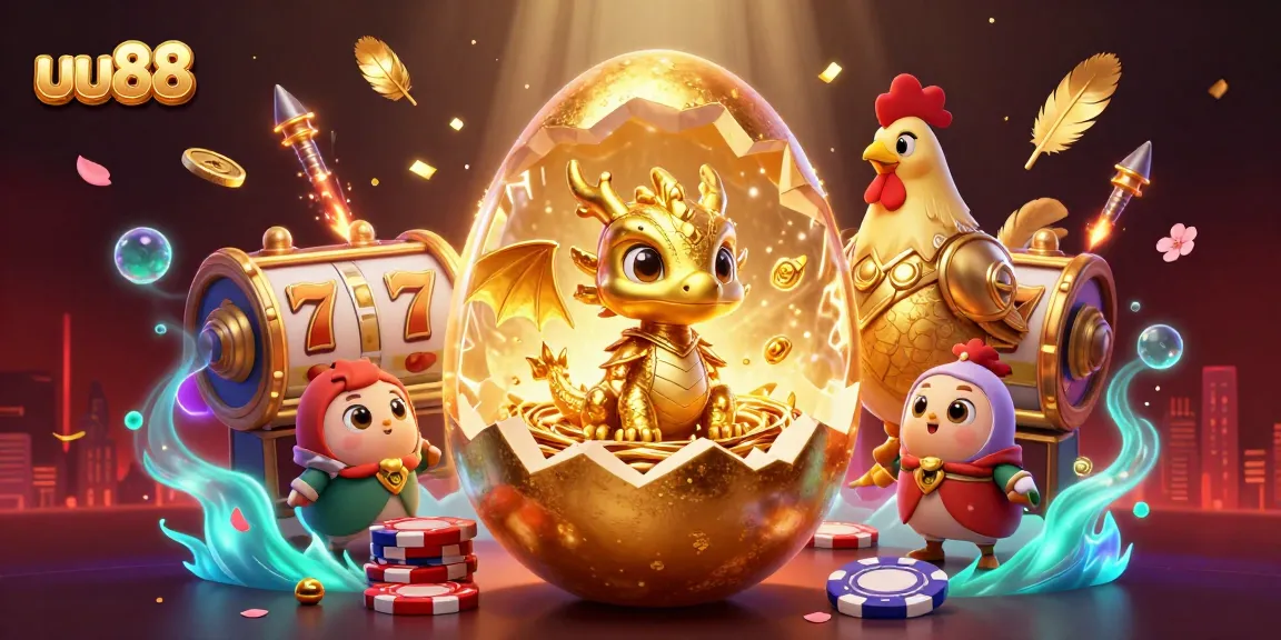 Engage in thrilling gameplay at uu88 with golden dragon, poker chips, and slot reels.