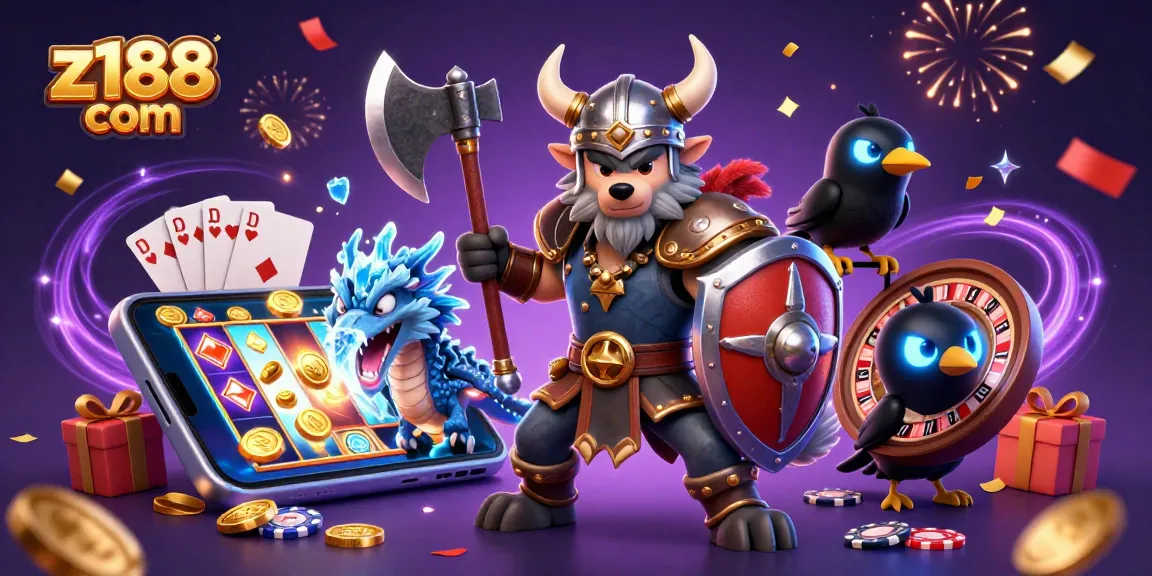 Spin the reels with z188 com's Viking warrior and dragon in a packed casino scene.