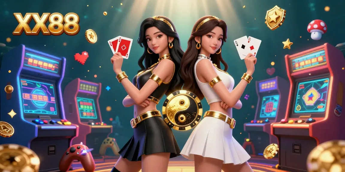 Experience the thrill of XX88 with twin women playing cards against a vibrant casino backdrop.