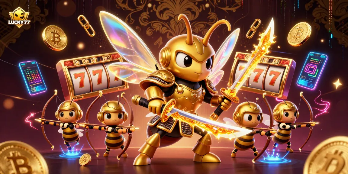 Engage in thrilling gameplay at LUCKY77 with a vibrant 3D illustration showcasing a dynamic casino scene.