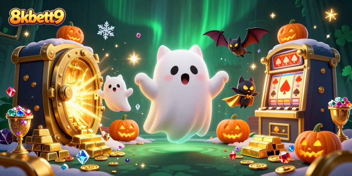 Engaging 3D illustration with 8xbett9 ghost cat and vampire bat, showcasing vibrant casino atmosphere