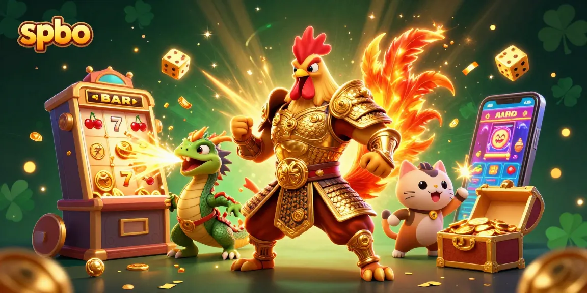 spbo features a dynamic scene with a fighting rooster and dragon, showcasing casino elements.