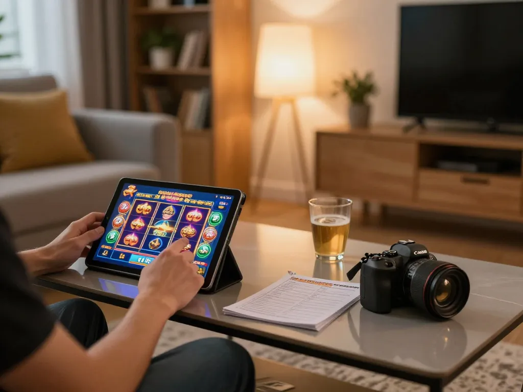 Engaging home gaming scene with a player using RR88 tablet for online slots gaming