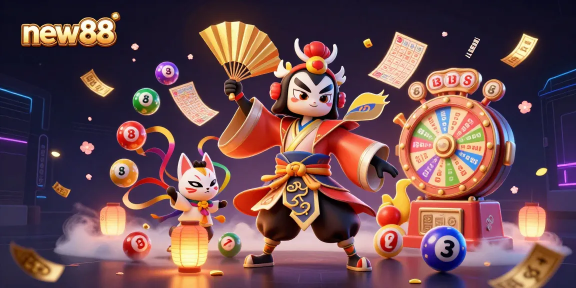 Win big with new88 in this vibrant 3D casino illustration featuring kabuki characters and dynamic game elements.
