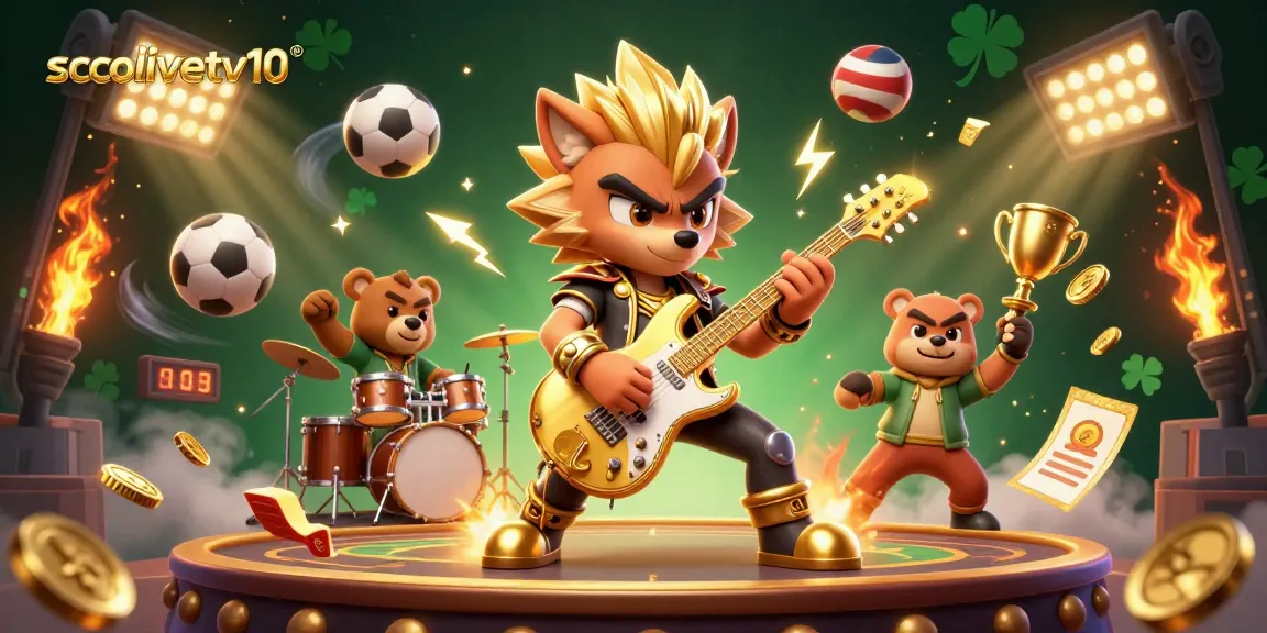 Socolivetv10 showcases a dynamic scene of a rock star wolf and drummer bear electrifying the audience with sports betting elements.