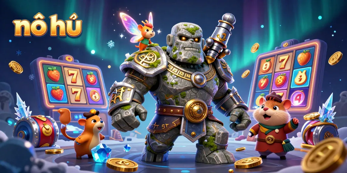 Experience the thrill of nổ hũ with vibrant slot reels and magical characters in this immersive illustration.