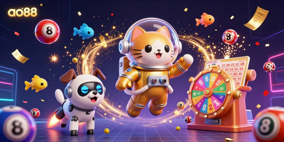 Experience the excitement of ao88 with a colorful lottery scene featuring an astronaut cat, a robot dog, and dynamic game elements.