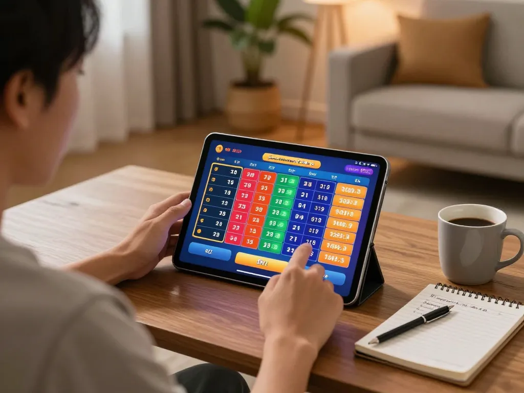 Engaging in đánh đề online with a tablet in a cozy living room, showcasing a friendly gambling atmosphere.
