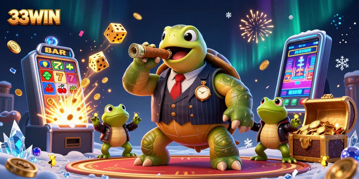 Engage with thrilling games at 33WIN with a vibrant 3D casino scene featuring a snapping turtle in a suit.
