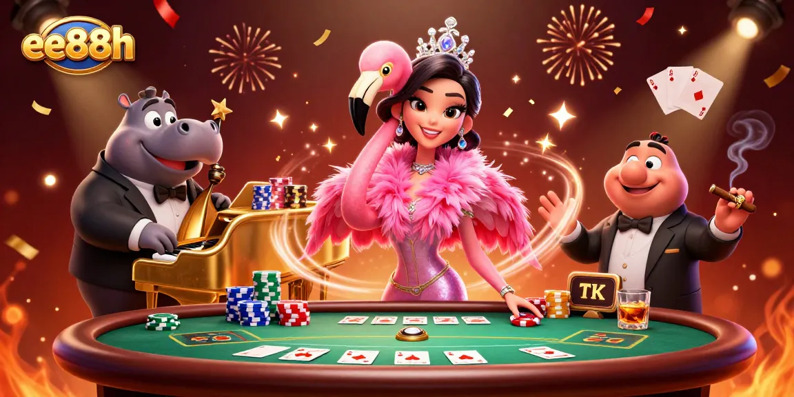 Experience the vibrant excitement of ee88h with a lively digital casino scene featuring a flamingo singer and hippo bassist.