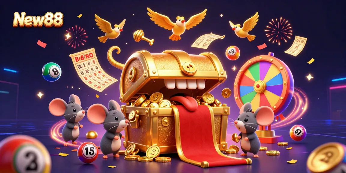 Play exciting games at New88, featuring vibrant lottery balls and a treasure chest tempting adventurer mice!