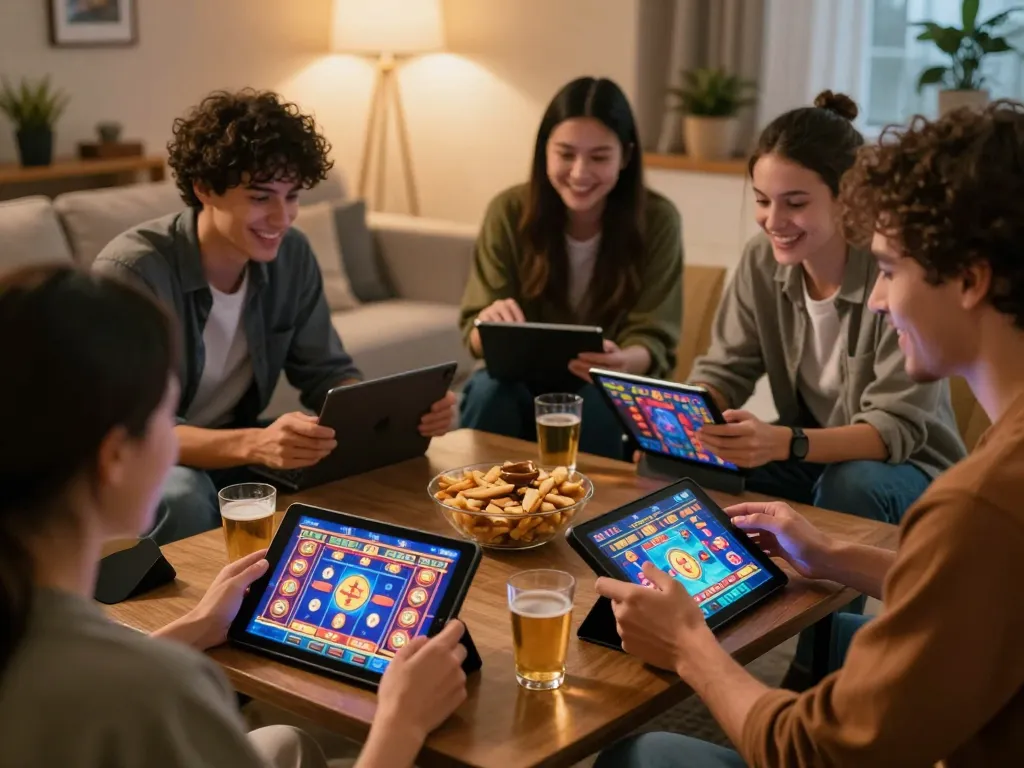 NAGA2000 players engaged in a lively online slot game night, showcasing excitement and strategy