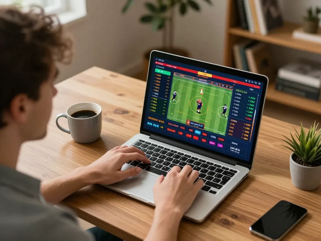 Kwin player analyzing live odds on laptop in a cozy betting setup.
