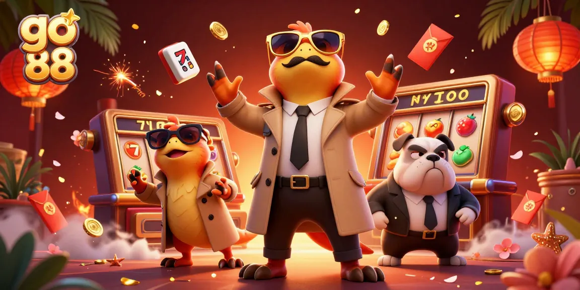 Join the fun at go 88 with cheerful raptors attempting a VIP casino entry amidst dynamic slot game elements.