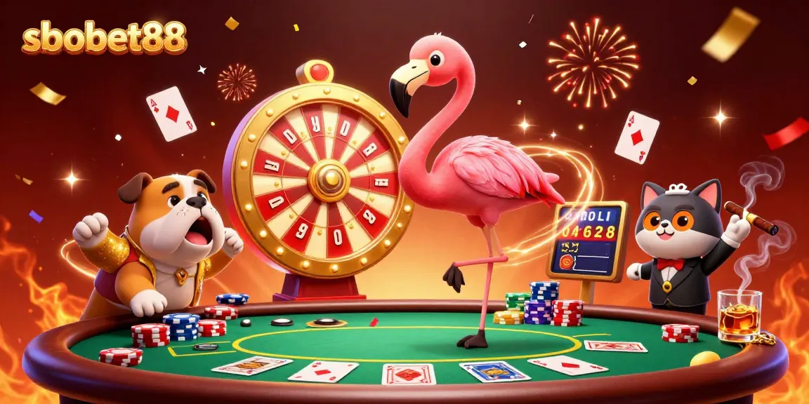 Experience thrilling wins with sbobet88 featuring a flamingo game show host, poker chips, and vibrant confetti.