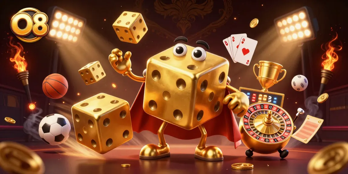 O8 engages in thrilling casino action with exciting sports elements and golden dice.